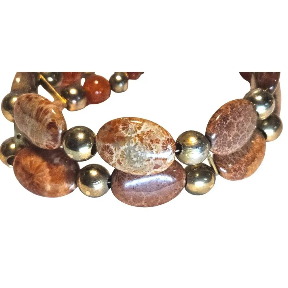 Vintage Bracelet Beaded Jasper Stone Gold-Tone Glass Magnetic Closure‎